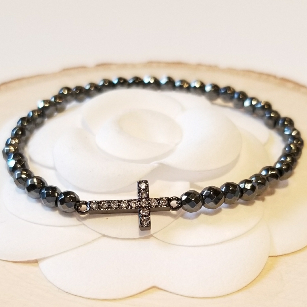 NEW Hematite Pave CZ Cross Stretch Bracelet